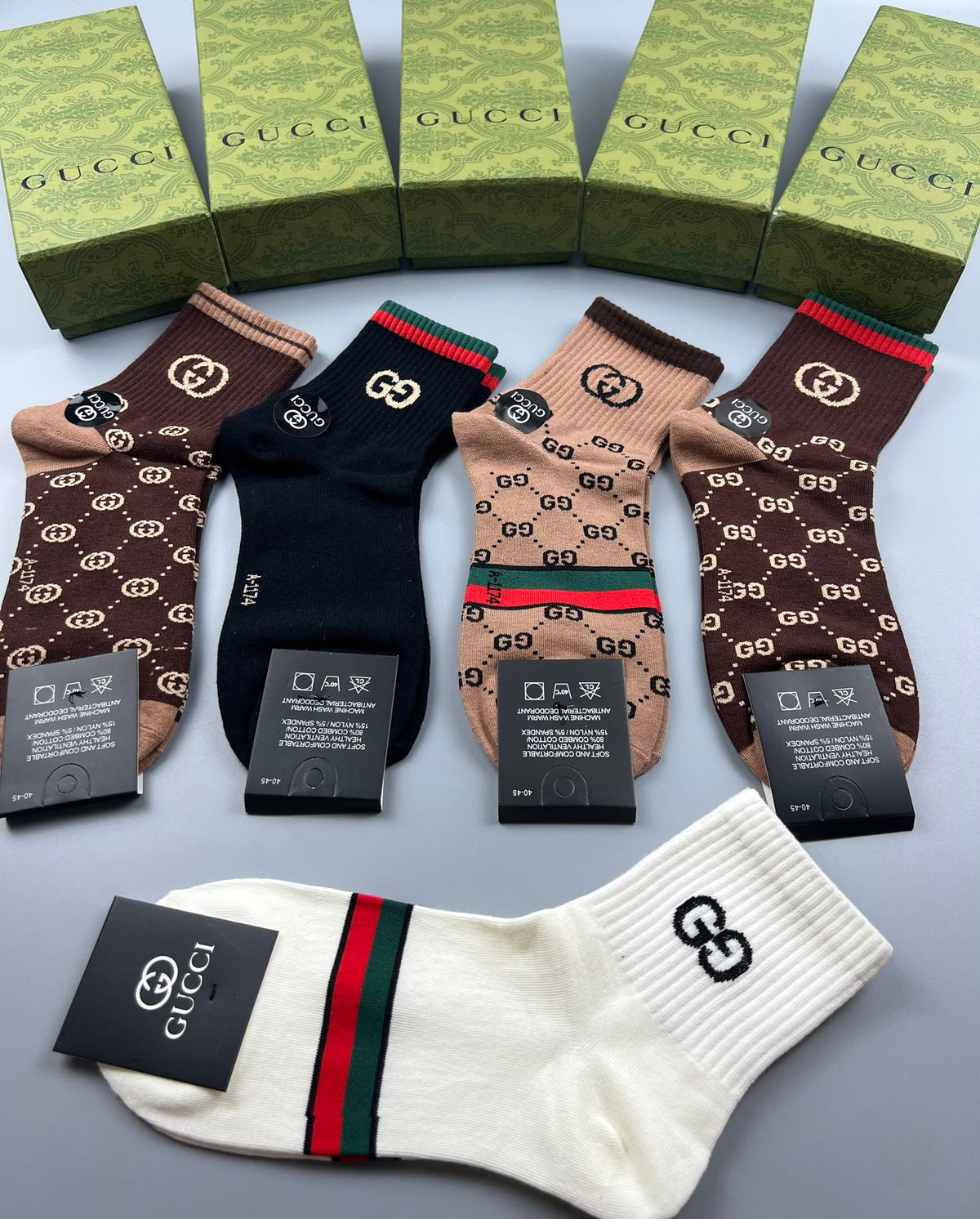 Gucci Cotton Visible Cuff, Colour And Emblem Details Crew Socks - 5-Pair Set