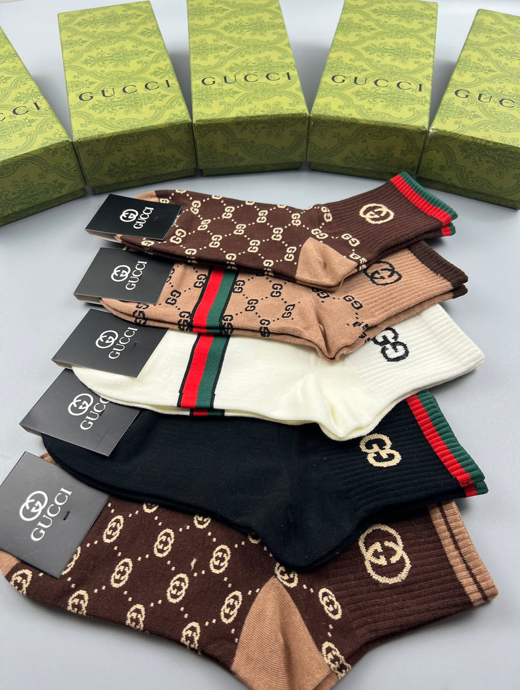Gucci Cotton Visible Cuff, Colour And Emblem Details Crew Socks - 5-Pair Set