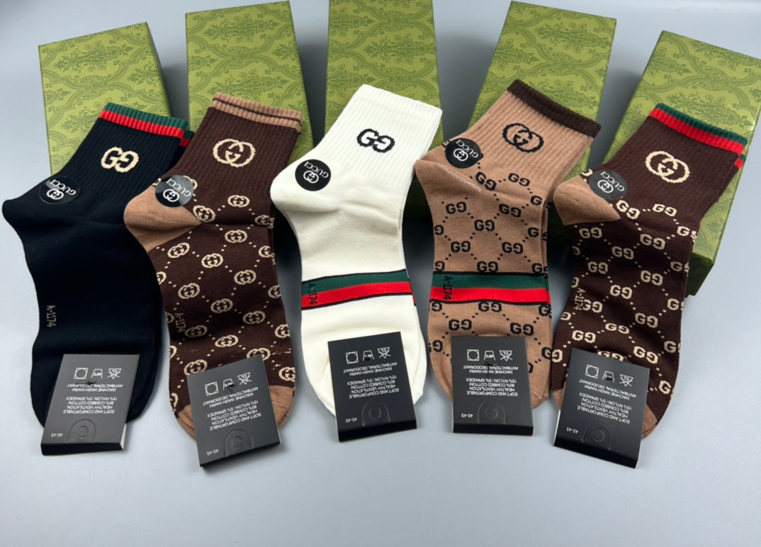 Gucci Cotton Visible Cuff, Colour And Emblem Details Crew Socks - 5-Pair Set