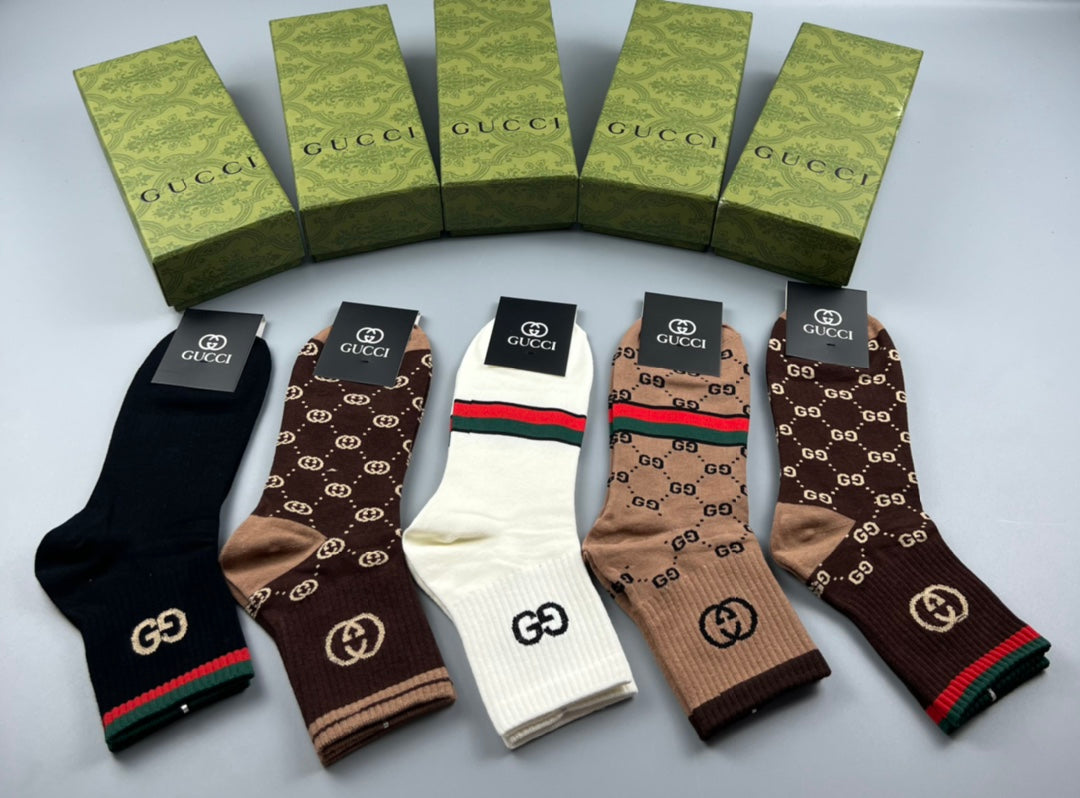 Gucci Cotton Visible Cuff, Colour And Emblem Details Crew Socks - 5-Pair Set