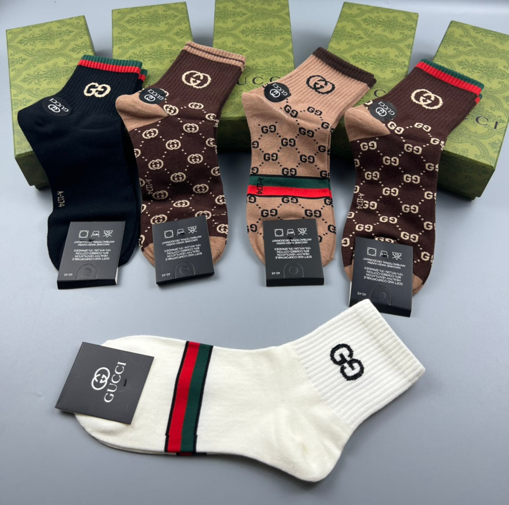Gucci Cotton Visible Cuff, Colour And Emblem Details Crew Socks - 5-Pair Set