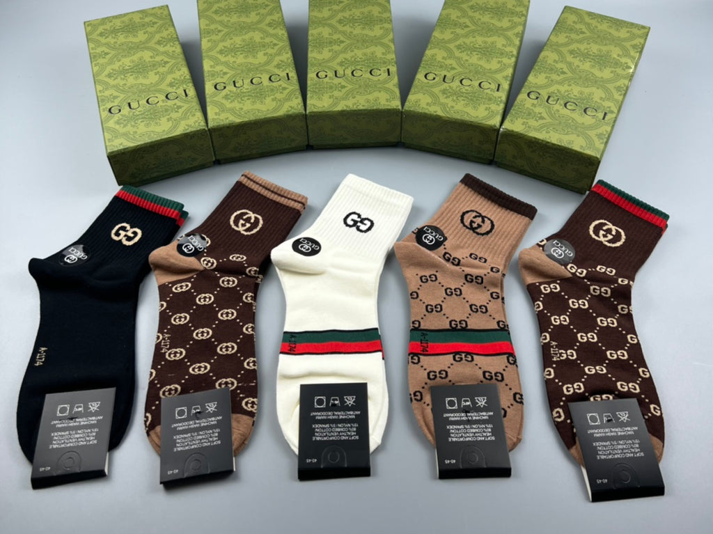 Gucci Cotton Visible Cuff, Colour And Emblem Details Crew Socks - 5-Pair Set