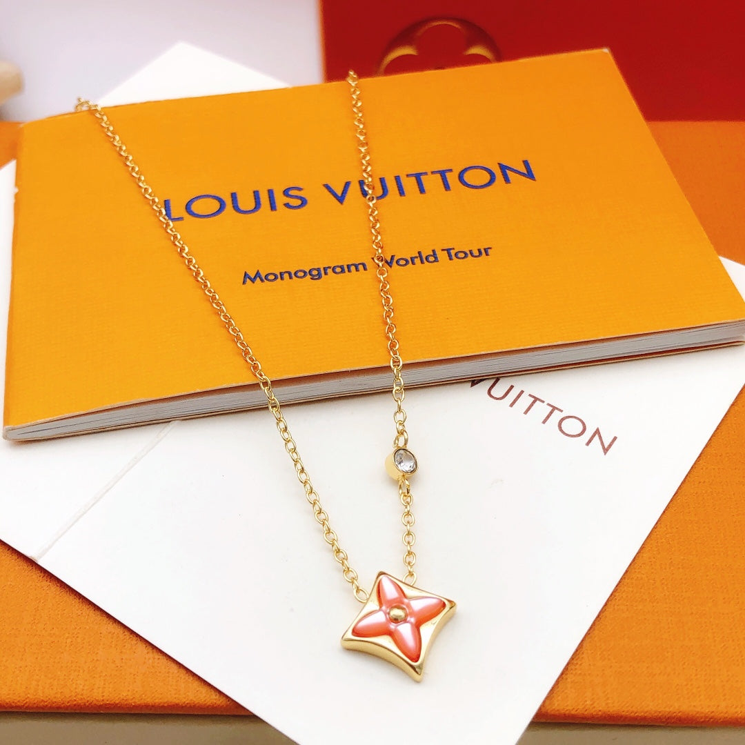 Geometric Emblem Pendant Necklace in Gold-Tone – Pink Detail – Design 003 main product view