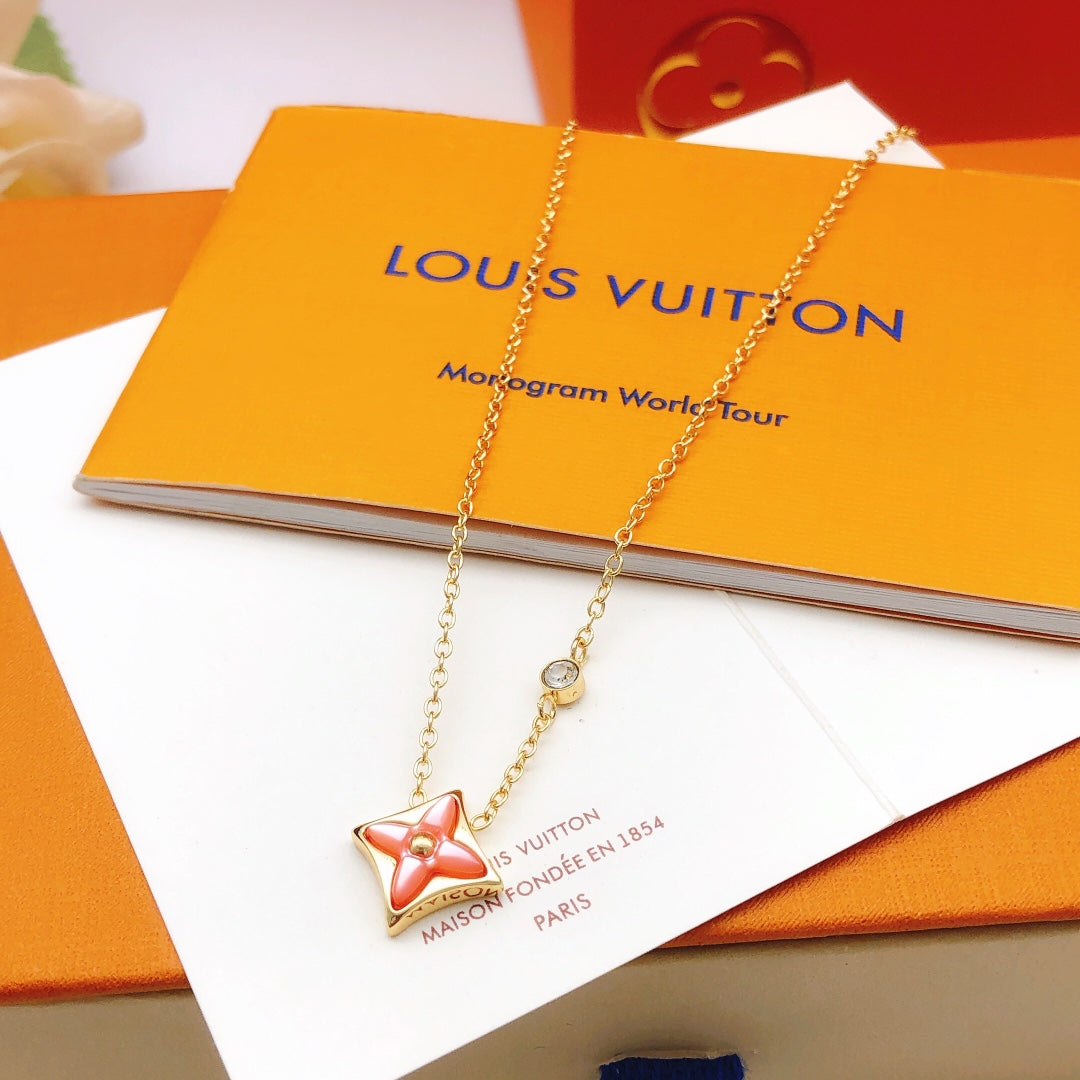 Geometric Emblem Pendant Necklace in Gold-Tone – Pink Detail – Design 003 side detail