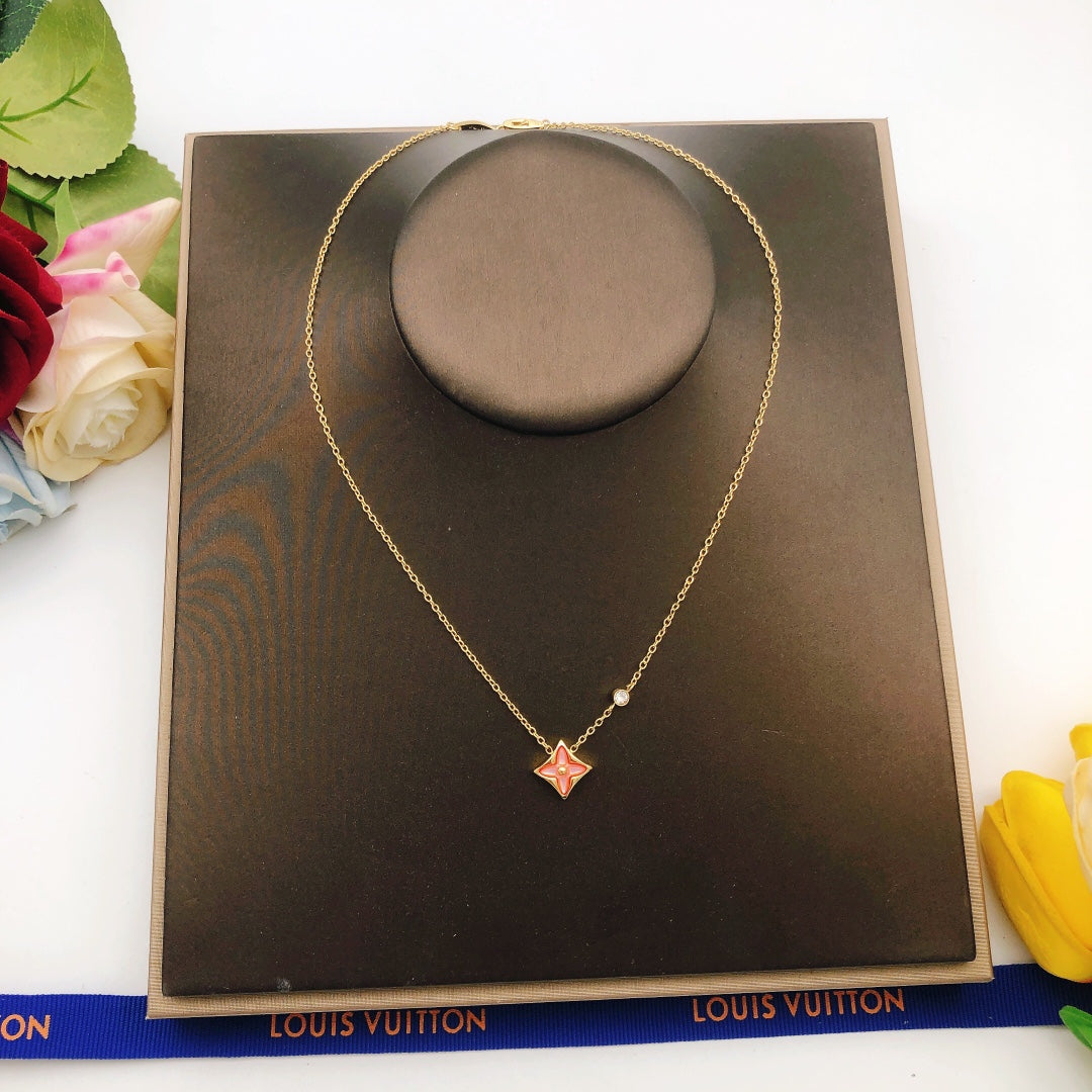 Geometric Emblem Pendant Necklace in Gold-Tone – Pink Detail – Design 003 front product view