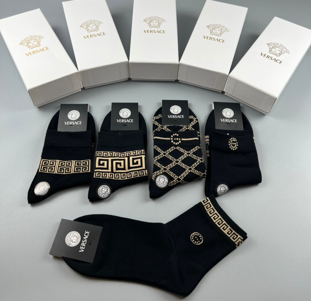 Versace Cotton Visible Branded Cuff Or Emblem Details Crew Socks - 5-Pair Set