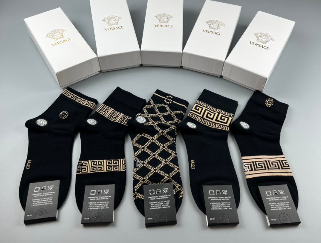 Versace Mixed Gold-Tone Greek-Key And Medallion Graphics Ankle Socks - 5-Pair Set