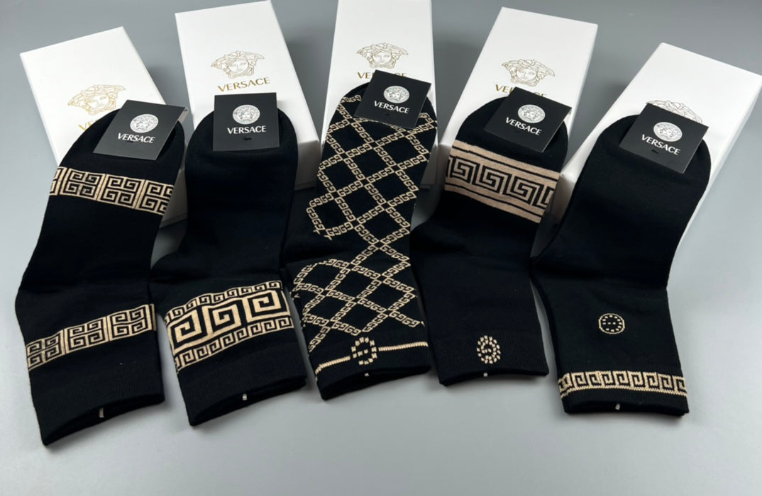 Versace Cotton Visible Branded Cuff Or Emblem Details Crew Socks - 5-Pair Set