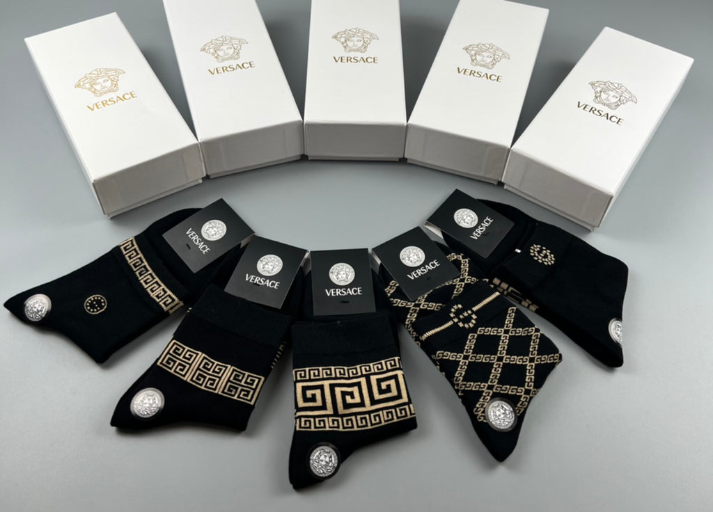 Versace Cotton blend Mixed Gold-Tone Greek-Key And Medallion Graphics Crew Socks - 5-Pair Set