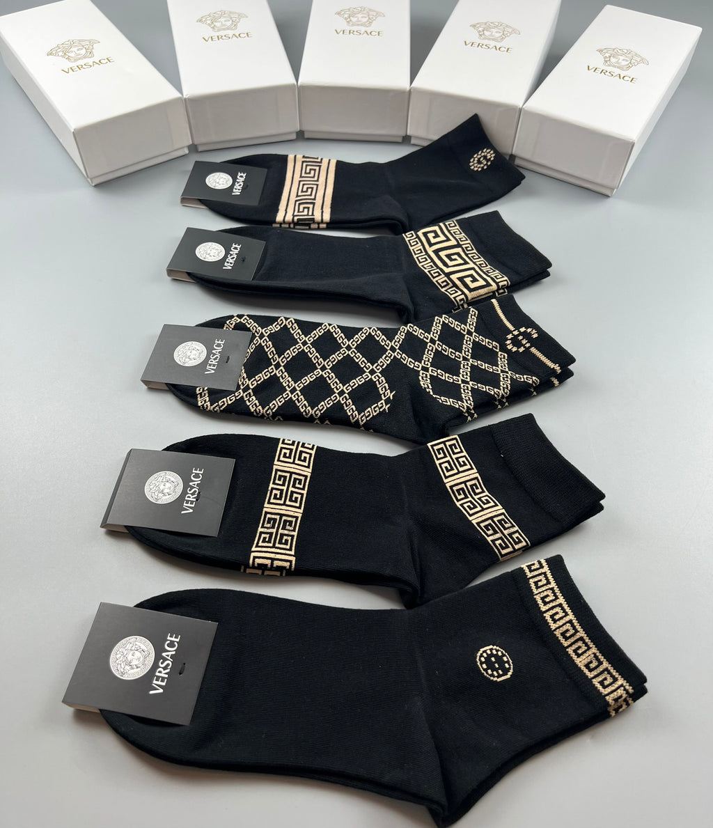 Versace Cotton blend Mixed Gold-Tone Greek-Key And Medallion Graphics Crew Socks - 5-Pair Set