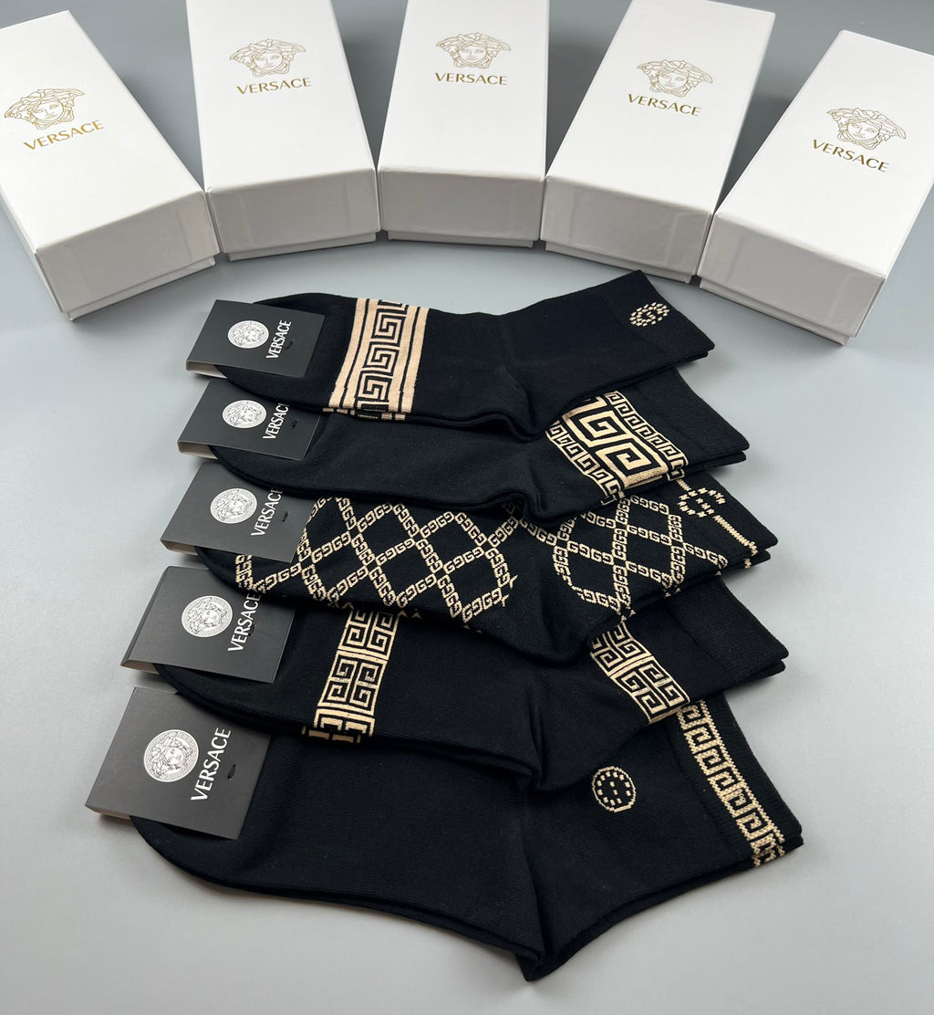 Versace Cotton Visible Branded Cuff Or Emblem Details Crew Socks - 5-Pair Set