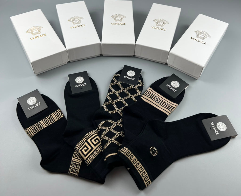 Versace Cotton Visible Branded Cuff Or Emblem Details Crew Socks - 5-Pair Set