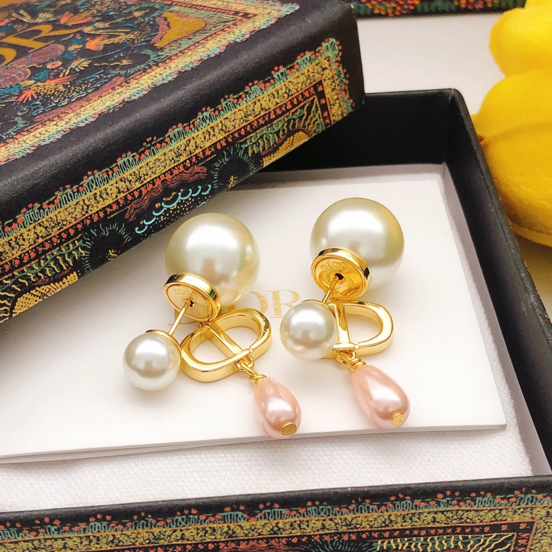 Pearl-Style Motif Stud Earrings in Polished Metal-Tone with Pearl-Style Detail – Design 018 styled view