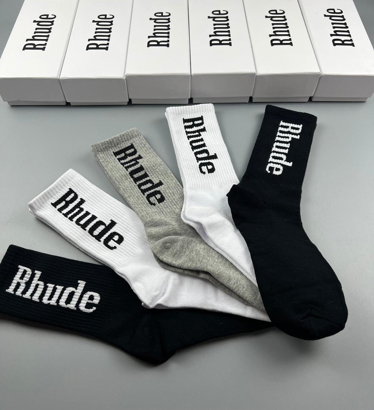 Rhude Crew Socks - Black, White and Grey 5-Pair Box