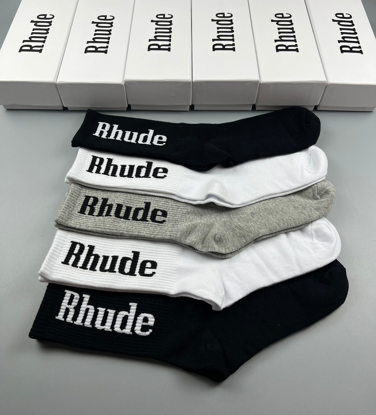 Rhude Crew Socks - Black, White and Grey 5-Pair Box