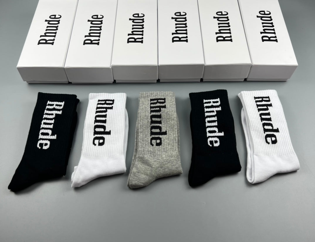 Rhude Crew Socks - Black, White and Grey 5-Pair Box