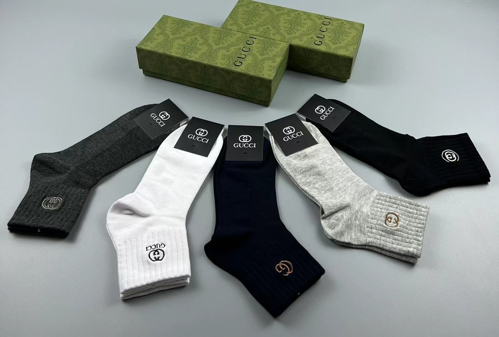 Gucci Cotton Visible Cuff, Colour And Emblem Details Crew Socks - 5-Pair Set