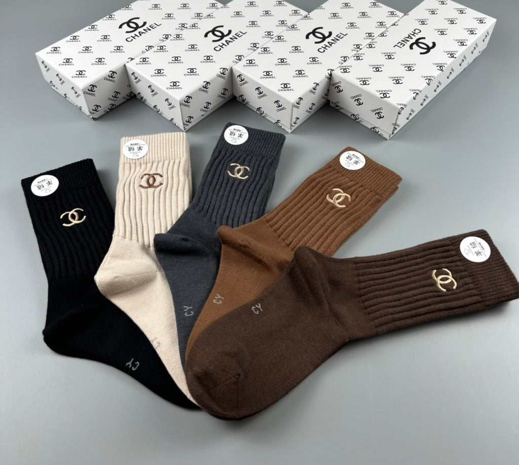 Chanel Monogram Neutral Crew Crew Socks 5-Pair Box Collection