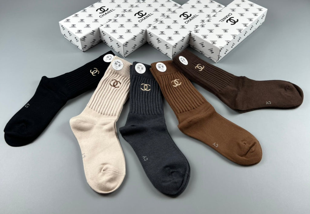 Chanel Crew Socks - Black, Cream, Grey and Brown 5-Pair Box