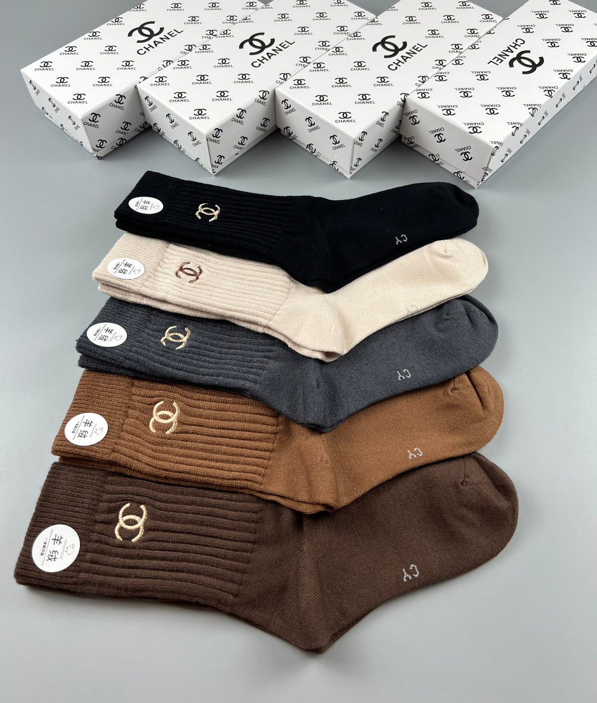 Chanel Crew Socks - Black, Cream, Grey and Brown 5-Pair Box