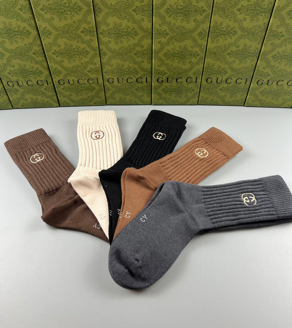 Gucci Neutral Ribbed Crew Crew Socks 5-Pair Box Collection