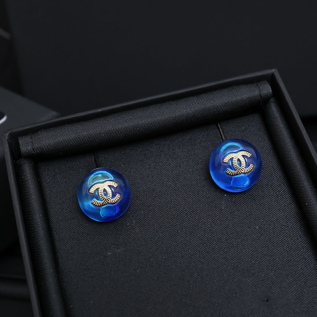 Signature Emblem Stud Earrings in Polished Metal-Tone – Blue Detail side detail