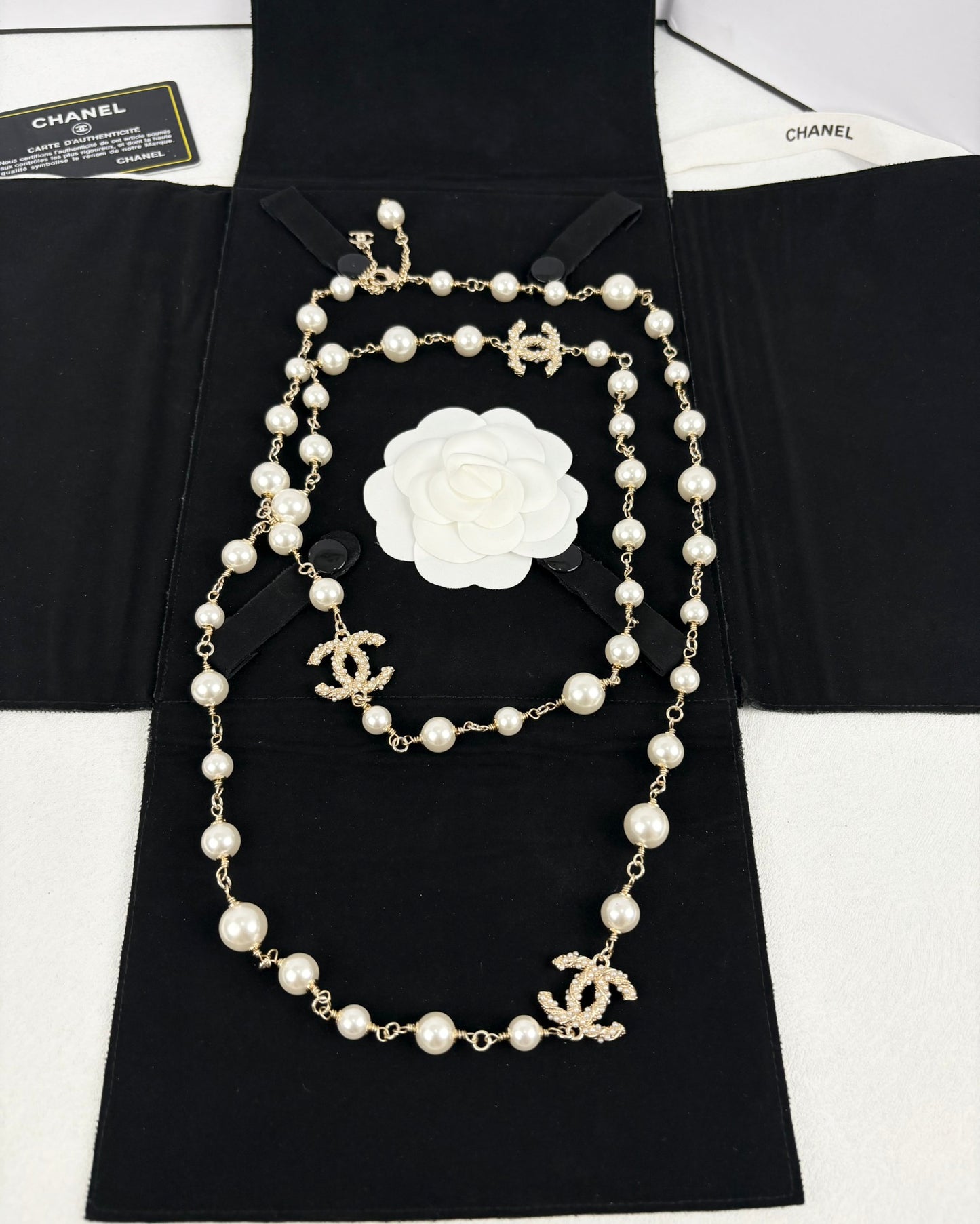 Double-C Emblem Pearl-Detail Pendant Necklace – Pearl Detail – Design 071 front product view