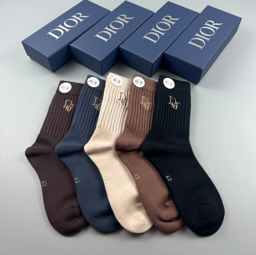 Dior Navy Brown Neutral Crew Crew Socks 5-Pair Box Collection