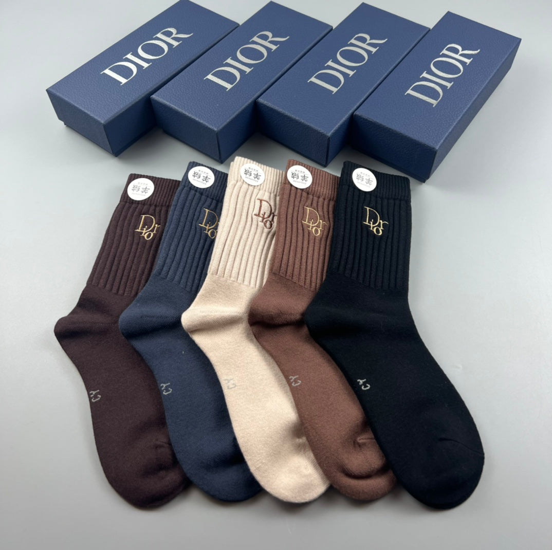 Dior Navy Brown Neutral Crew Crew Socks 5-Pair Box Collection