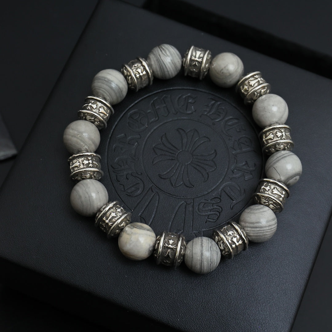 Gothic Emblem Beaded Bracelet in Antique Silver-Tone – Design 08 close-up detail