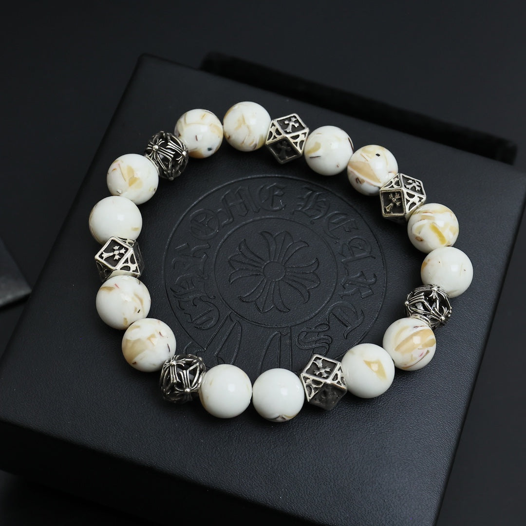 Gothic Emblem Beaded Bracelet in Antique Silver-Tone – Design 08 front product view