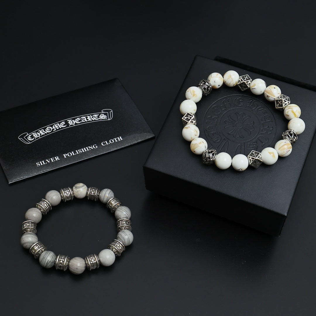 Gothic Emblem Beaded Bracelet in Antique Silver-Tone – Design 08 main product view