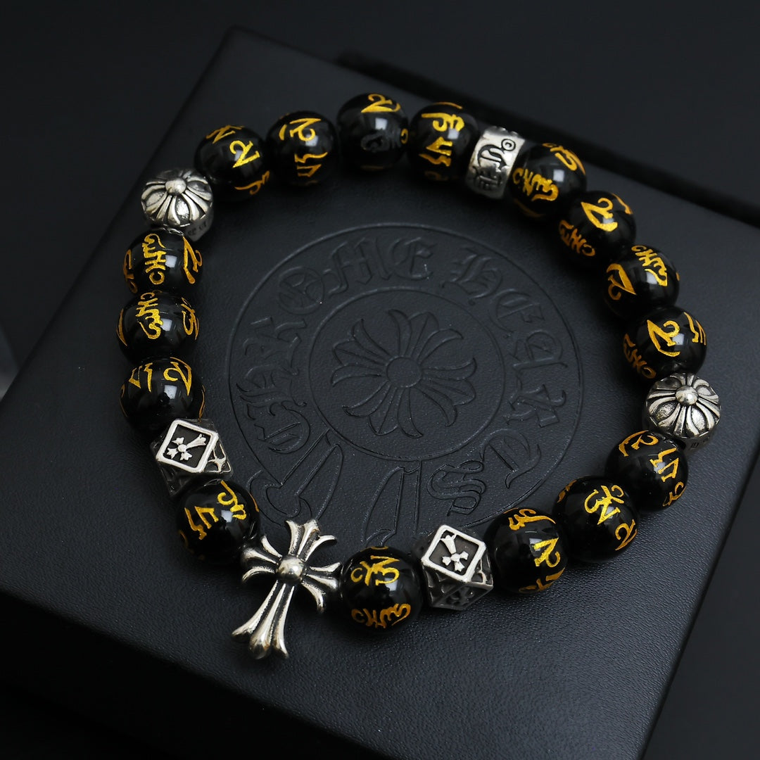 Gothic Emblem Beaded Bracelet in Antique Silver-Tone – Design 09 front product view