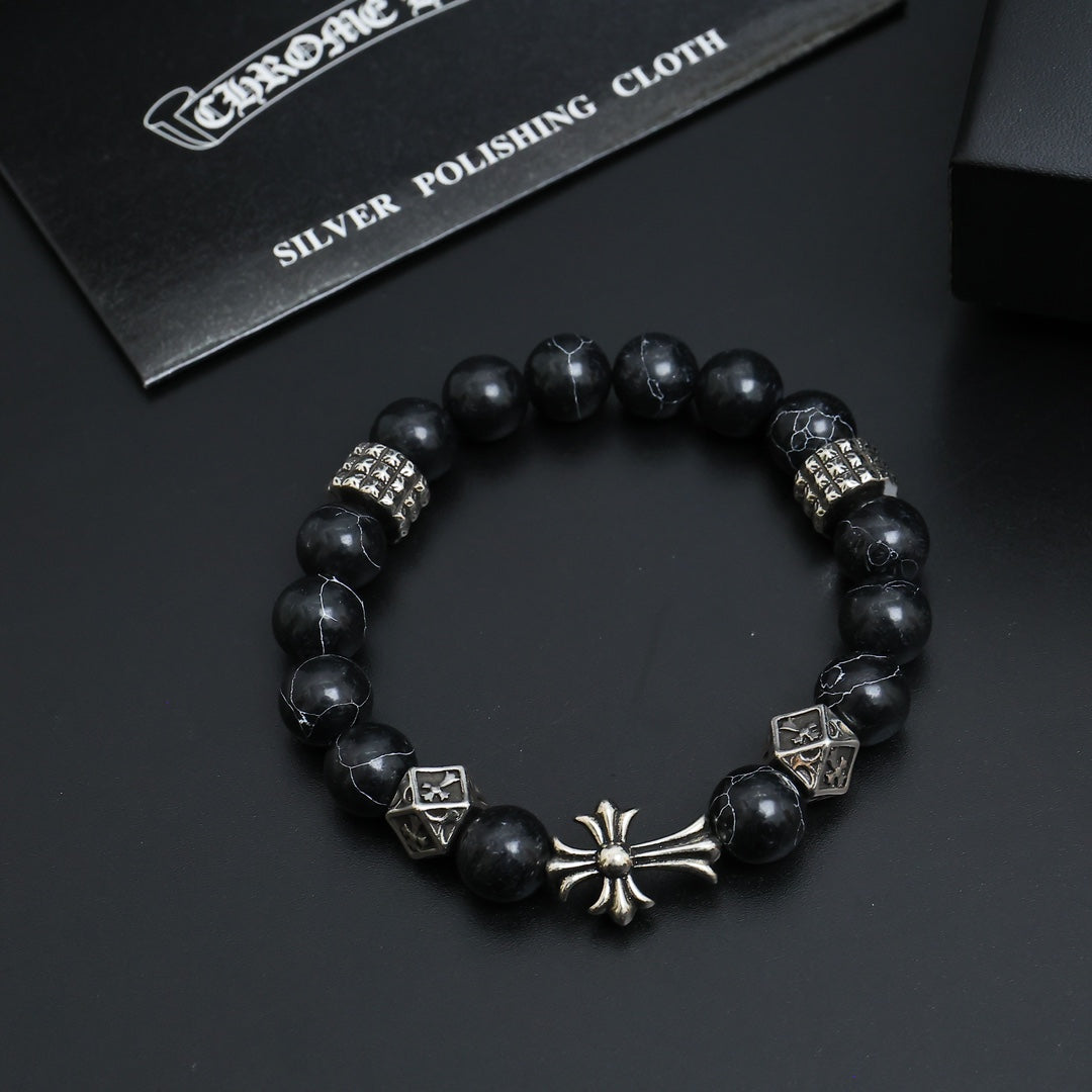 Gothic Emblem Beaded Bracelet in Antique Silver-Tone – Design 09 detail view