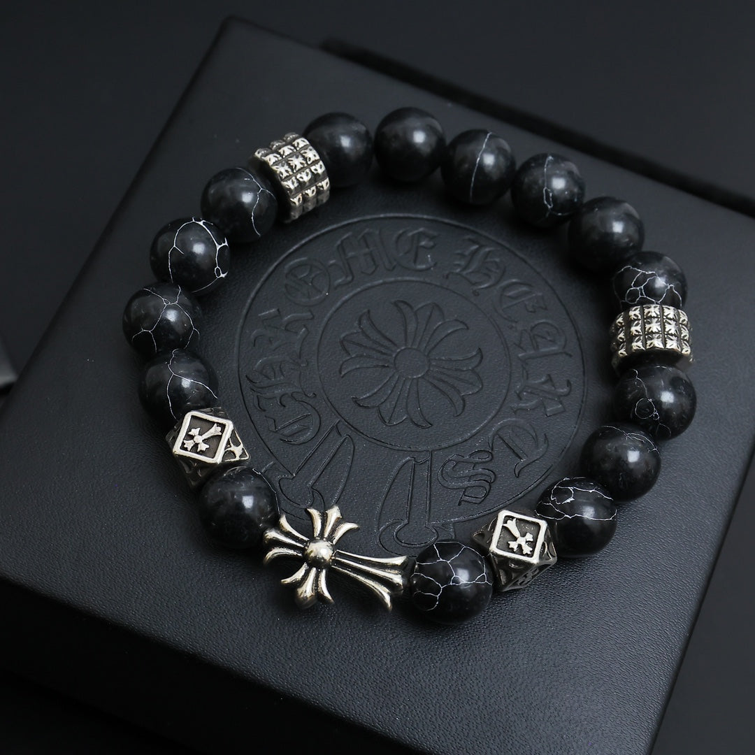 Gothic Emblem Beaded Bracelet in Antique Silver-Tone – Design 09 close-up detail
