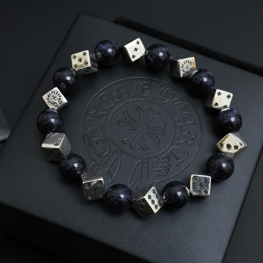 Gothic Emblem Beaded Bracelet in Antique Silver-Tone – Design 10 front product view