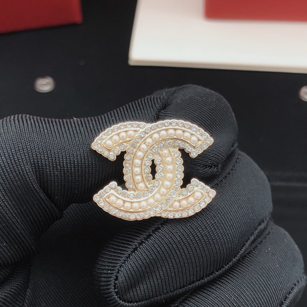 Double-C Emblem Crystal-Accent Stud Earrings – Design 043 close-up detail