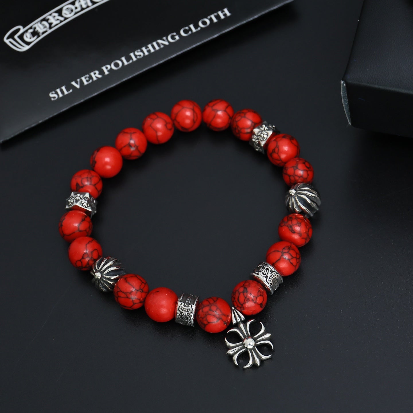 Gothic Emblem Beaded Bracelet in Antique Silver-Tone – Design 19 side detail