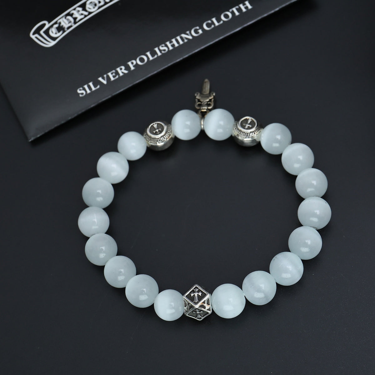 Gothic Emblem Beaded Bracelet in Antique Silver-Tone – Design 22 detail view