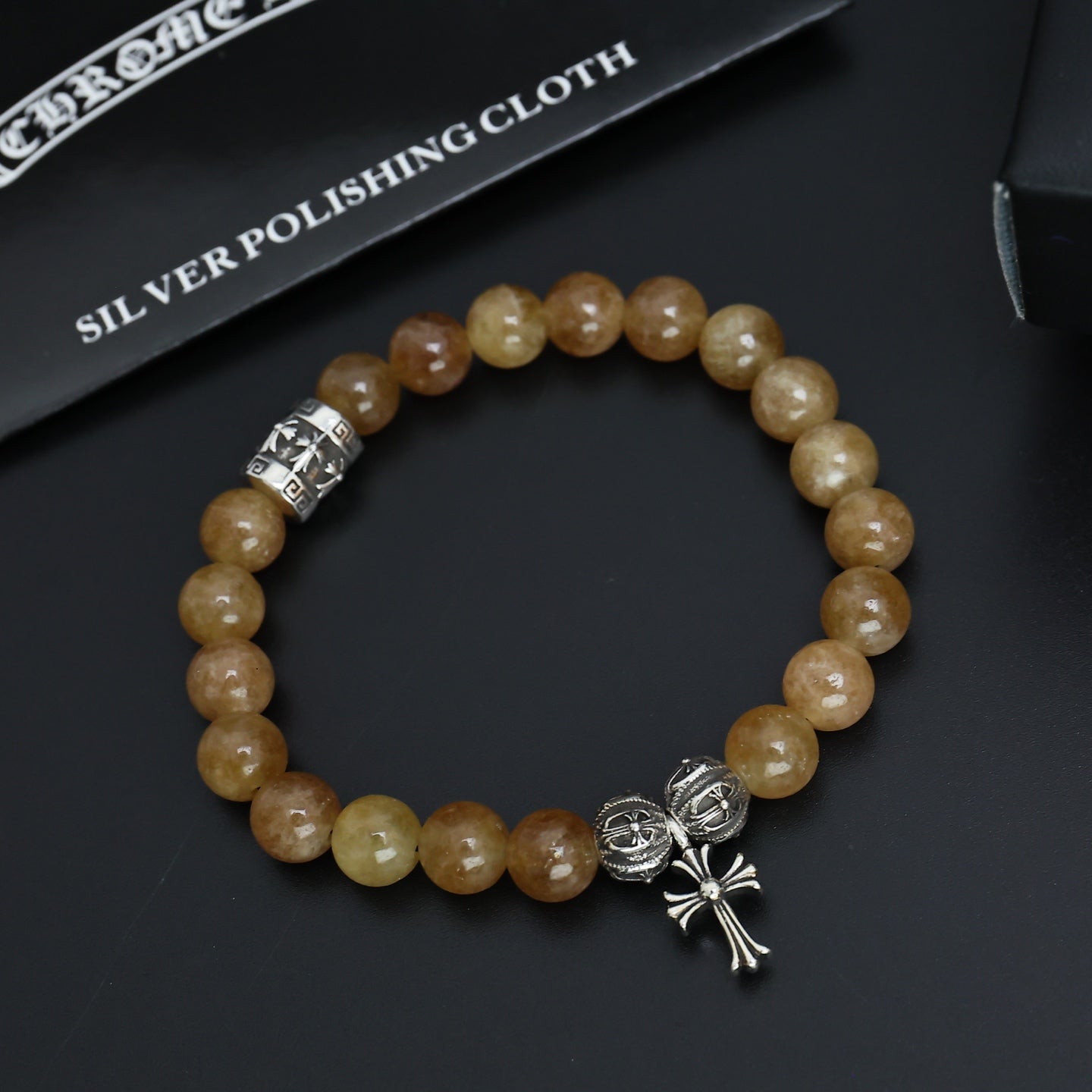 Gothic Emblem Beaded Bracelet in Antique Silver-Tone – Design 23 side detail