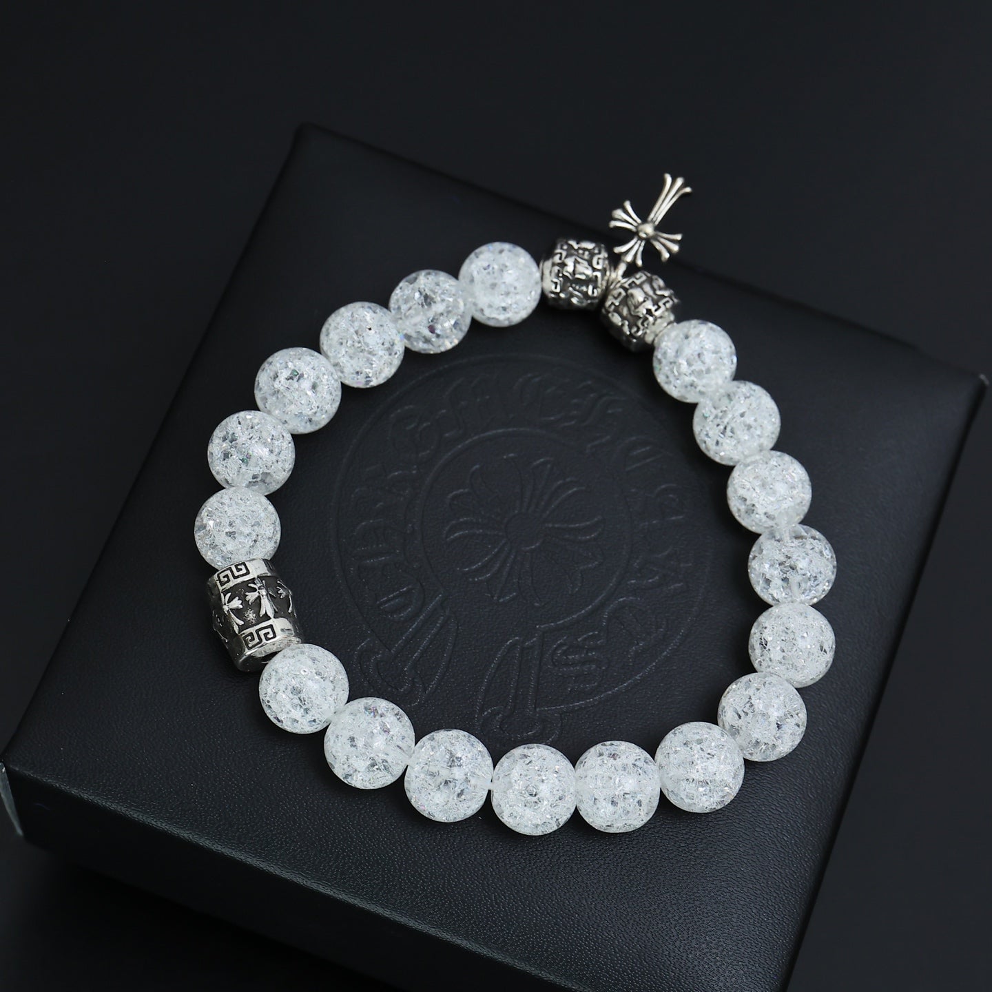 Gothic Emblem Beaded Bracelet in Antique Silver-Tone – Design 03 front product view