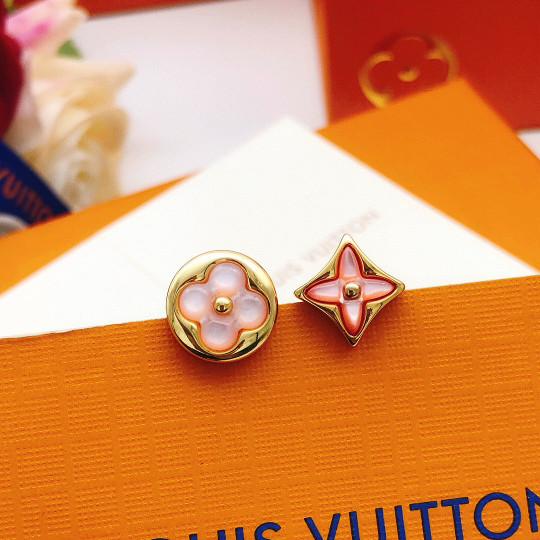 Floral Stud Earrings in Gold-Tone – Pink Detail – Design 002 front product view