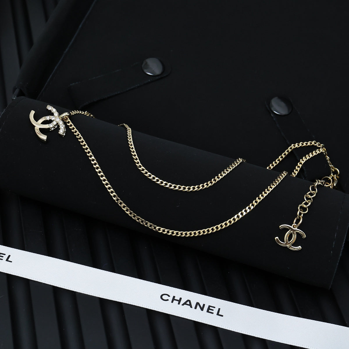 Double-C Emblem Crystal-Accent Pendant Necklace – Design 030 close-up detail