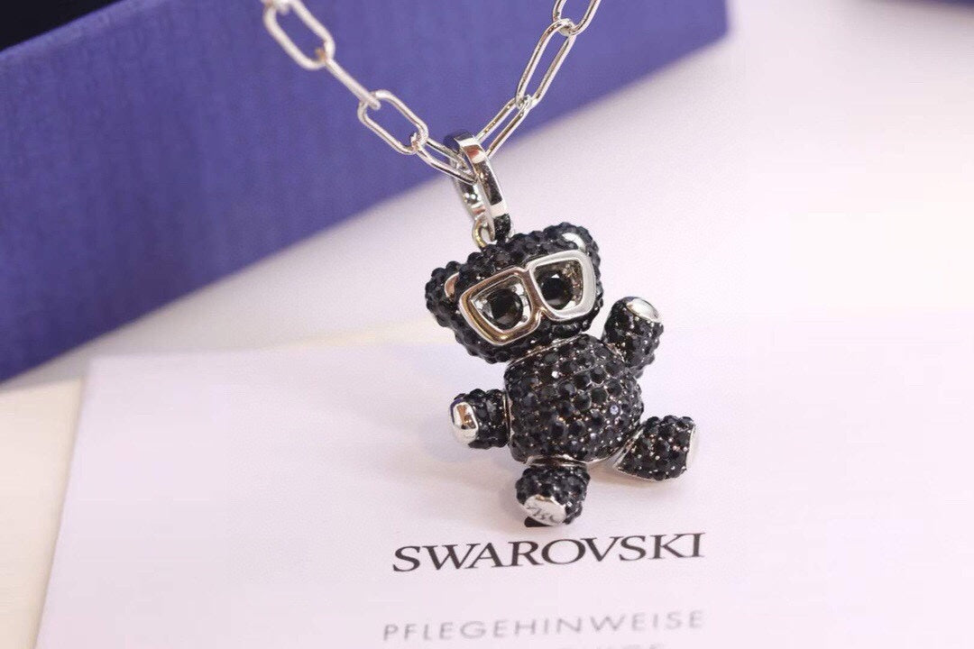Teddy Bear Pendant Necklace in Black-Tone front product view