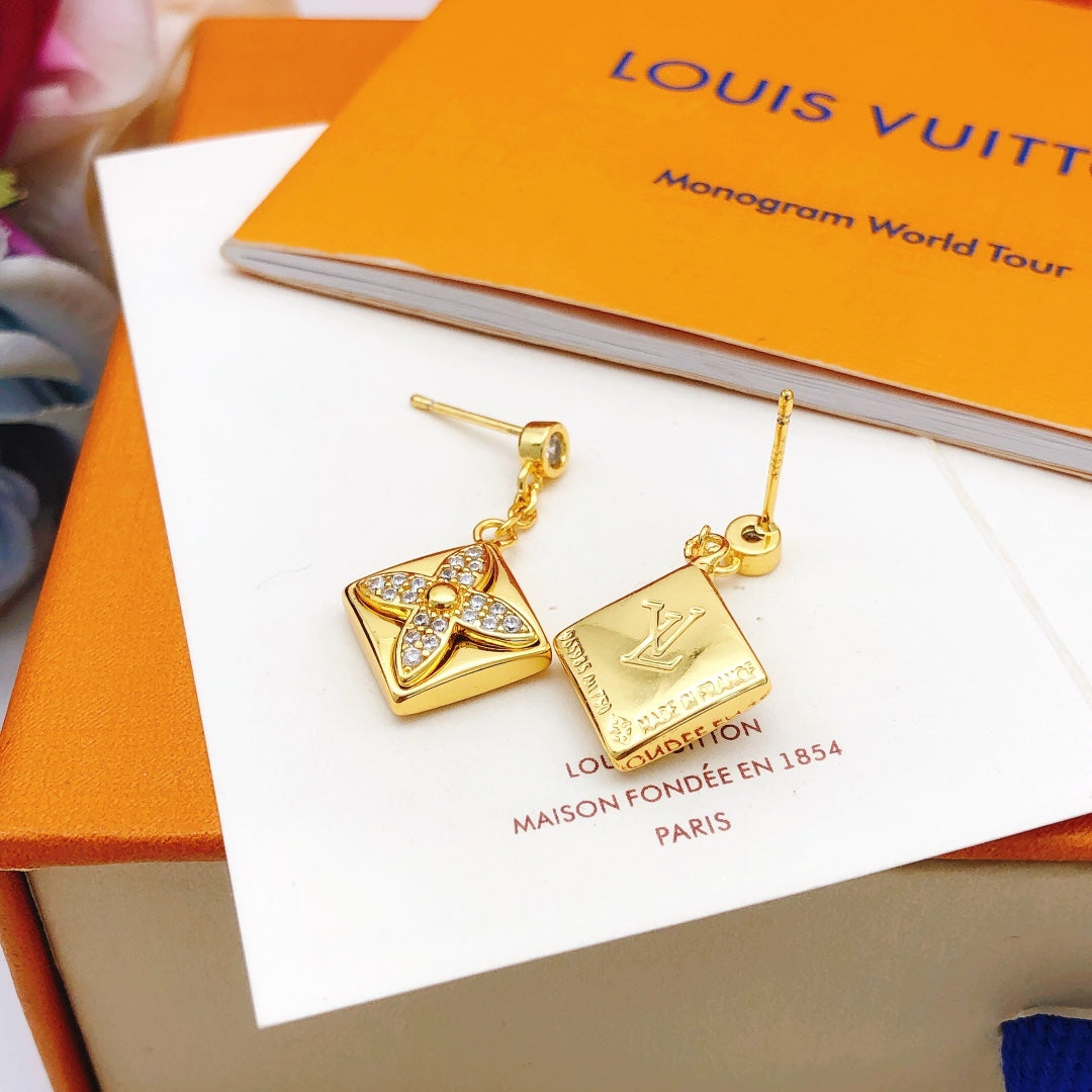 Geometric Emblem Stud Earrings in Gold-Tone – Design 036 front product view
