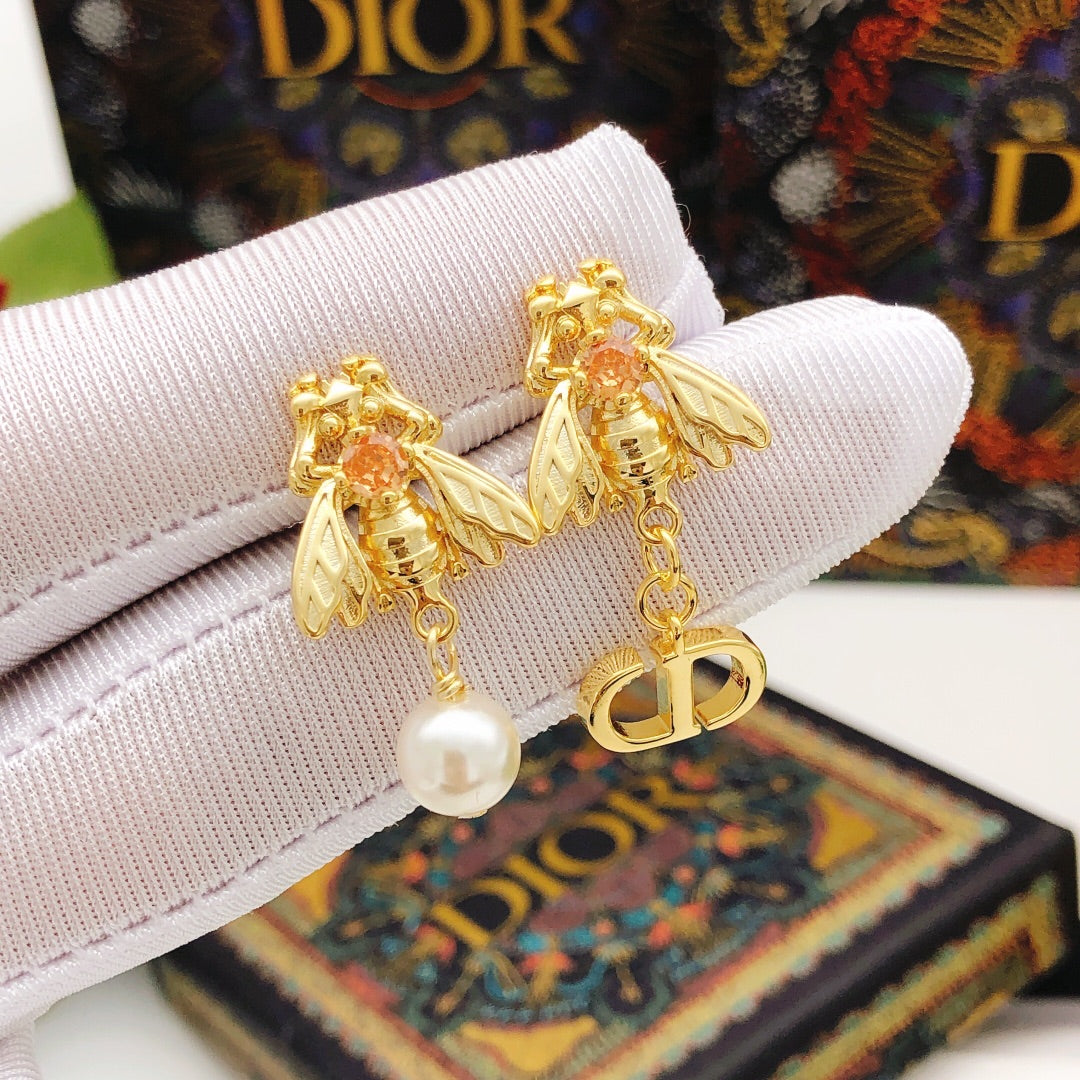 Bee Motif Stud Earrings in Polished Metal-Tone – Design 002 front view