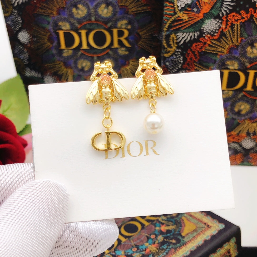 Bee Motif Stud Earrings in Polished Metal-Tone – Design 002 front view