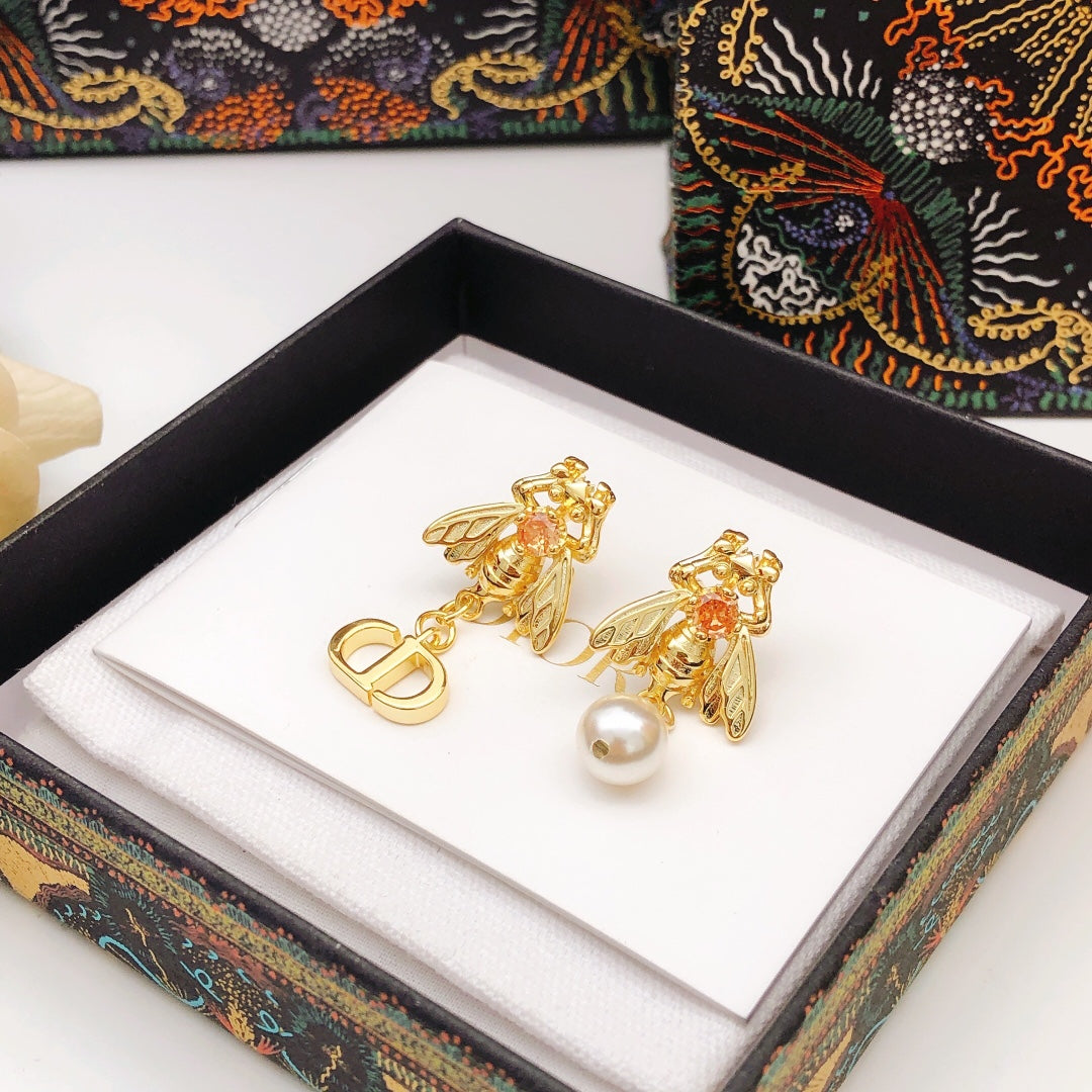 Bee Motif Stud Earrings in Polished Metal-Tone – Design 002 styled view