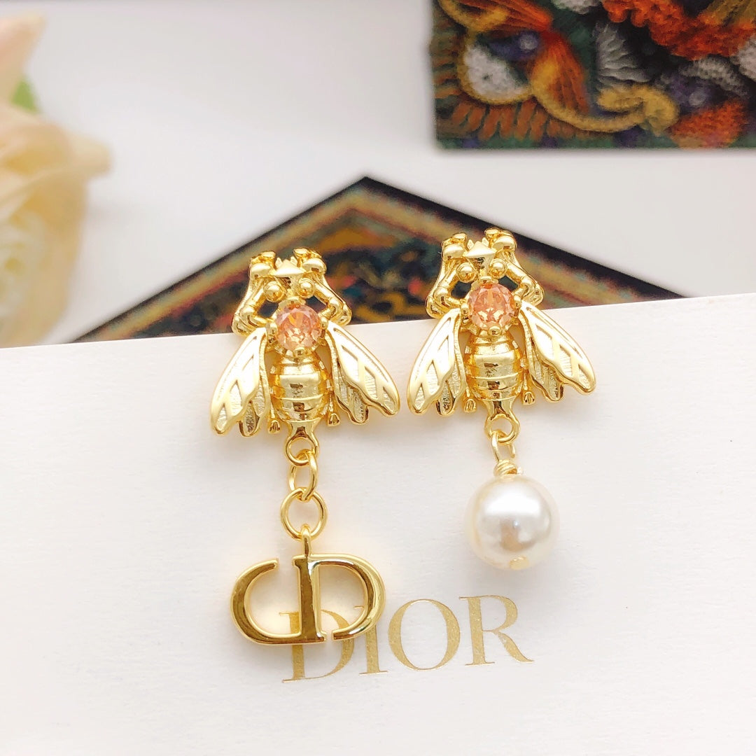 Bee Motif Stud Earrings in Polished Metal-Tone – Design 002 main product view