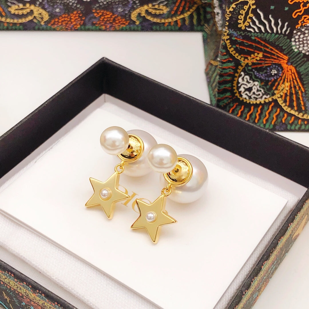 Star Motif Stud Earrings in Polished Metal-Tone – Design 011 styled view